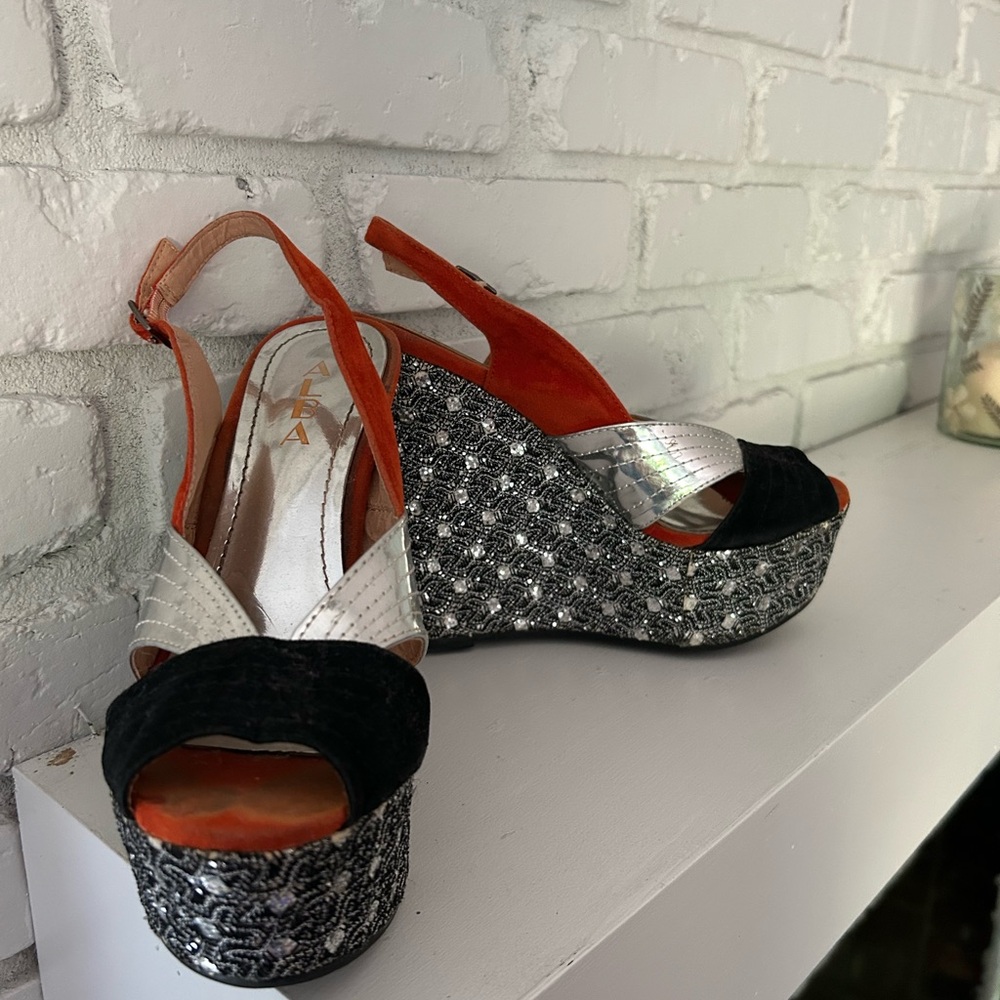 Stylish Black and Silver Wedge Sandals